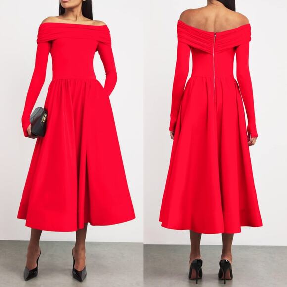 Alice + Olivia Chara Flared Midi Dress Off the Shoulder Bright Ruby Red 4 - Picture 11 of 16